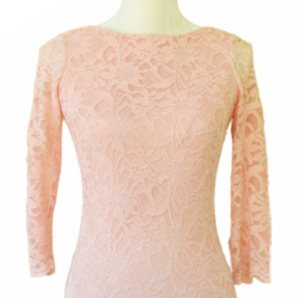CALVIN KLEIN Pleat Hem Ballet Pink Lace Sheath Dress 3/4 Sleeve - Picture 7 of 8